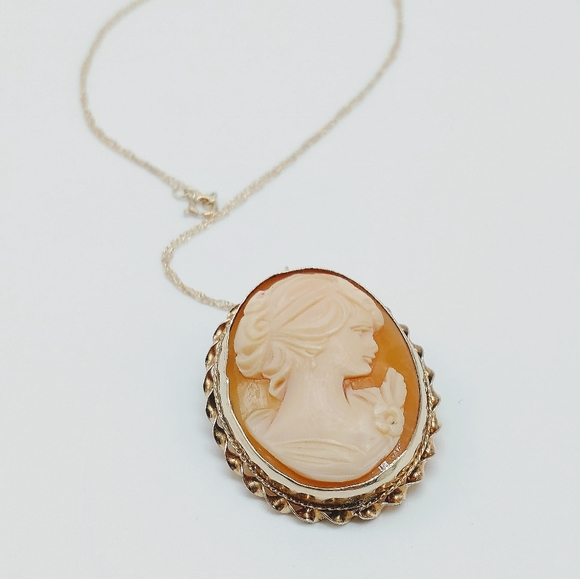 Vintage 14k Carved Shell Cameo Brooch Pendant Necklace - Picture 7 of 9